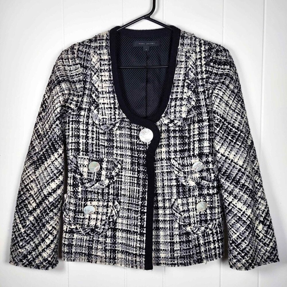 Marc Jacobs Womens Wool Cotton Tweed Jacket Mother of Pearl Snaps Pockets Size 0